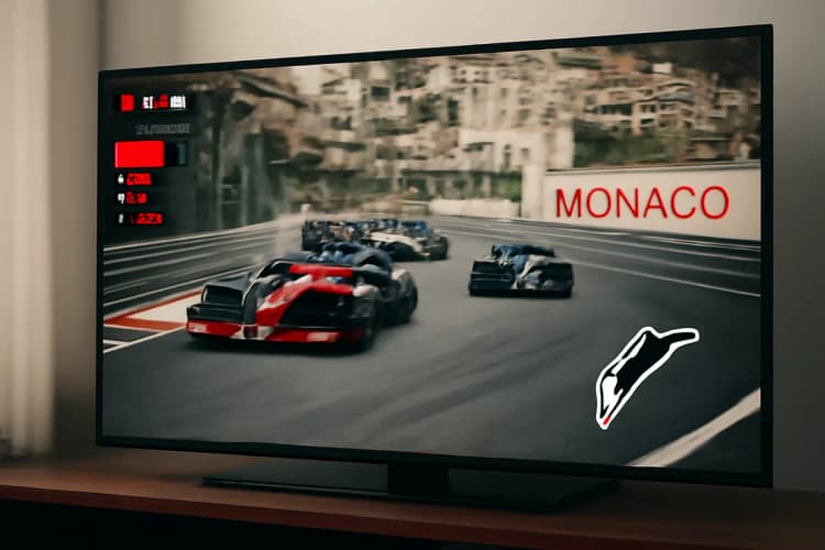 Tela de TV exibindo a corrida de Fórmula 1 em Mônaco com gráficos de transmissão